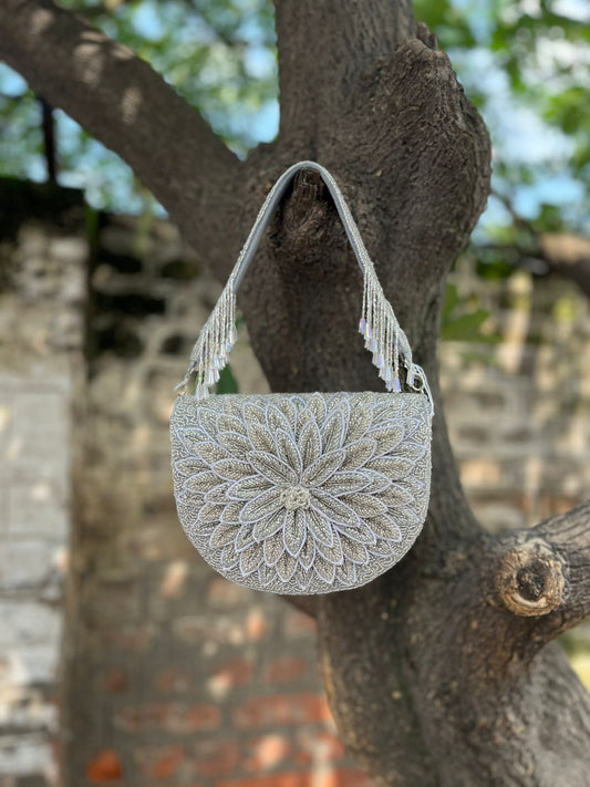 Pink Beaded Floral Clutch Bag with Fringe | Handmade Bridal & Party Shoulder Handbag