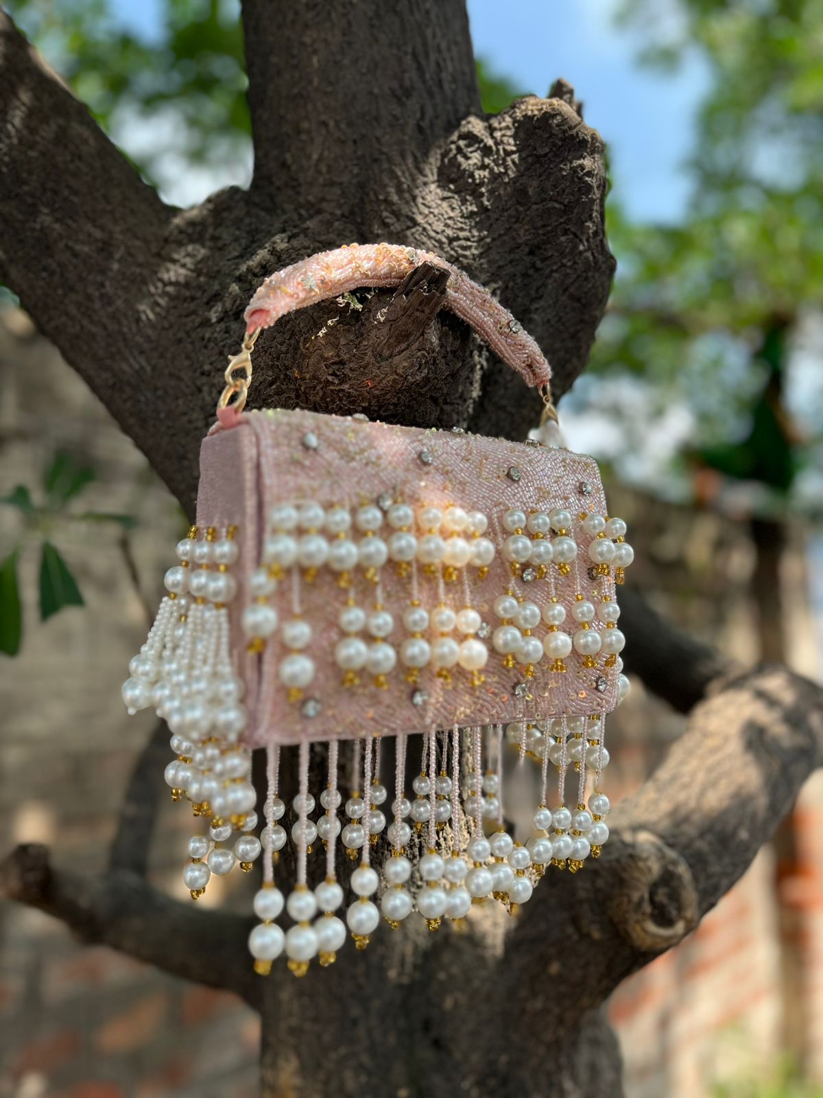 Golden Beaded Pearl Handbag | Handmade Bridal & Party Clutch for Women