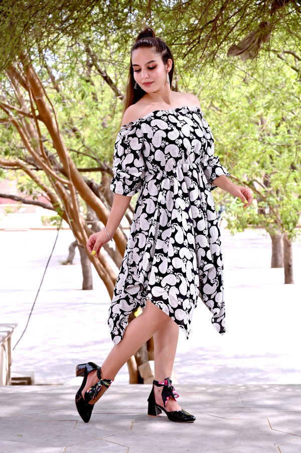 INDOSCART Women’s Black & White Off-Shoulder Cotton Printed Dress | Asymmetrical Hemline Casual & Party Wear Dress