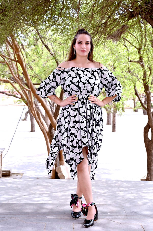 INDOSCART Women’s Black & White Off-Shoulder Cotton Printed Dress | Asymmetrical Hemline Casual & Party Wear Dress