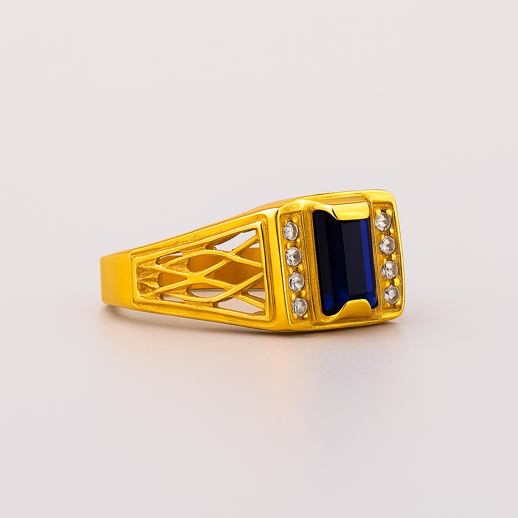 Men’s Gold-Plated Ring with Blue Sapphire & CZ Diamonds – Royal Statement Jewelry