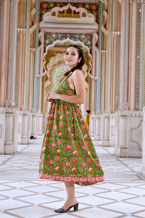 INDOSCART Women’s Green Floral Cotton Maxi Dress | Sleeveless Summer Long Dress