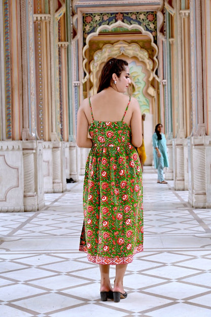 INDOSCART Women’s Green Floral Cotton Maxi Dress | Sleeveless Summer Long Dress