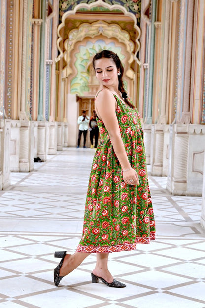 INDOSCART Women’s Green Floral Cotton Maxi Dress | Sleeveless Summer Long Dress