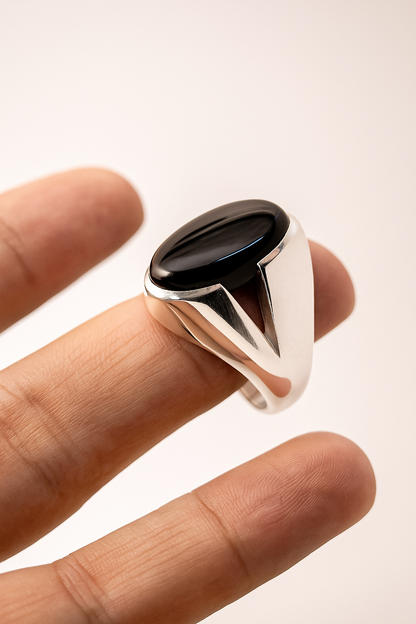 Men’s Oval Blue Onyx Silver Signet Ring – Classic Bold Minimalist Style