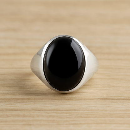 Men’s Oval Blue Onyx Silver Signet Ring – Classic Bold Minimalist Style