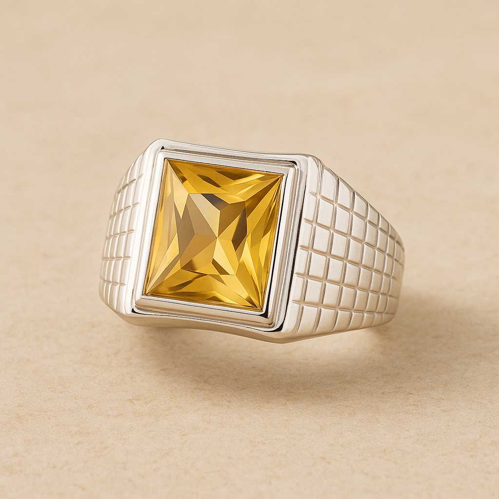 Men’s 925 Sterling Silver Ring with Yellow Citrine Stone – Bold Square Statement Ring