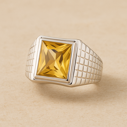 Men’s 925 Sterling Silver Ring with Yellow Citrine Stone – Bold Square Statement Ring