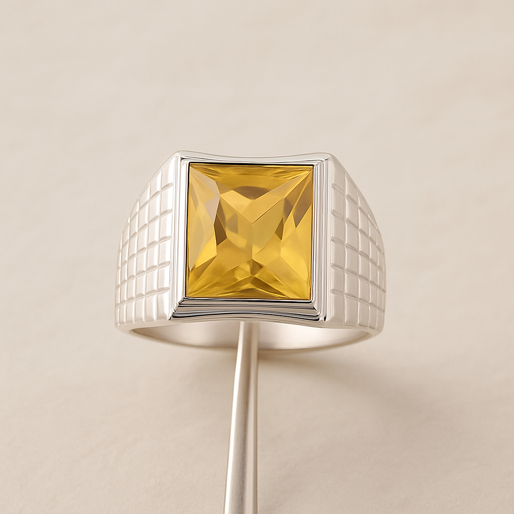 Men’s 925 Sterling Silver Ring with Yellow Citrine Stone – Bold Square Statement Ring