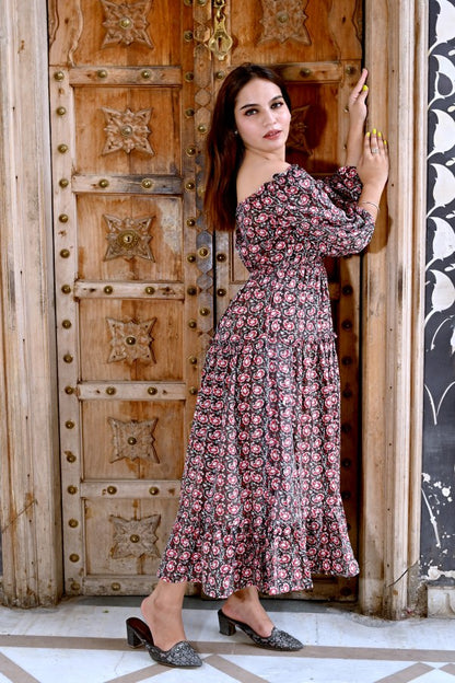 INDOSCART Women’s Floral Cotton Maxi Dress | Summer Casual Long Dress with Puff Sleeves