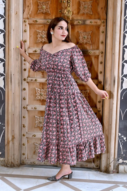 INDOSCART Women’s Floral Cotton Maxi Dress | Summer Casual Long Dress with Puff Sleeves