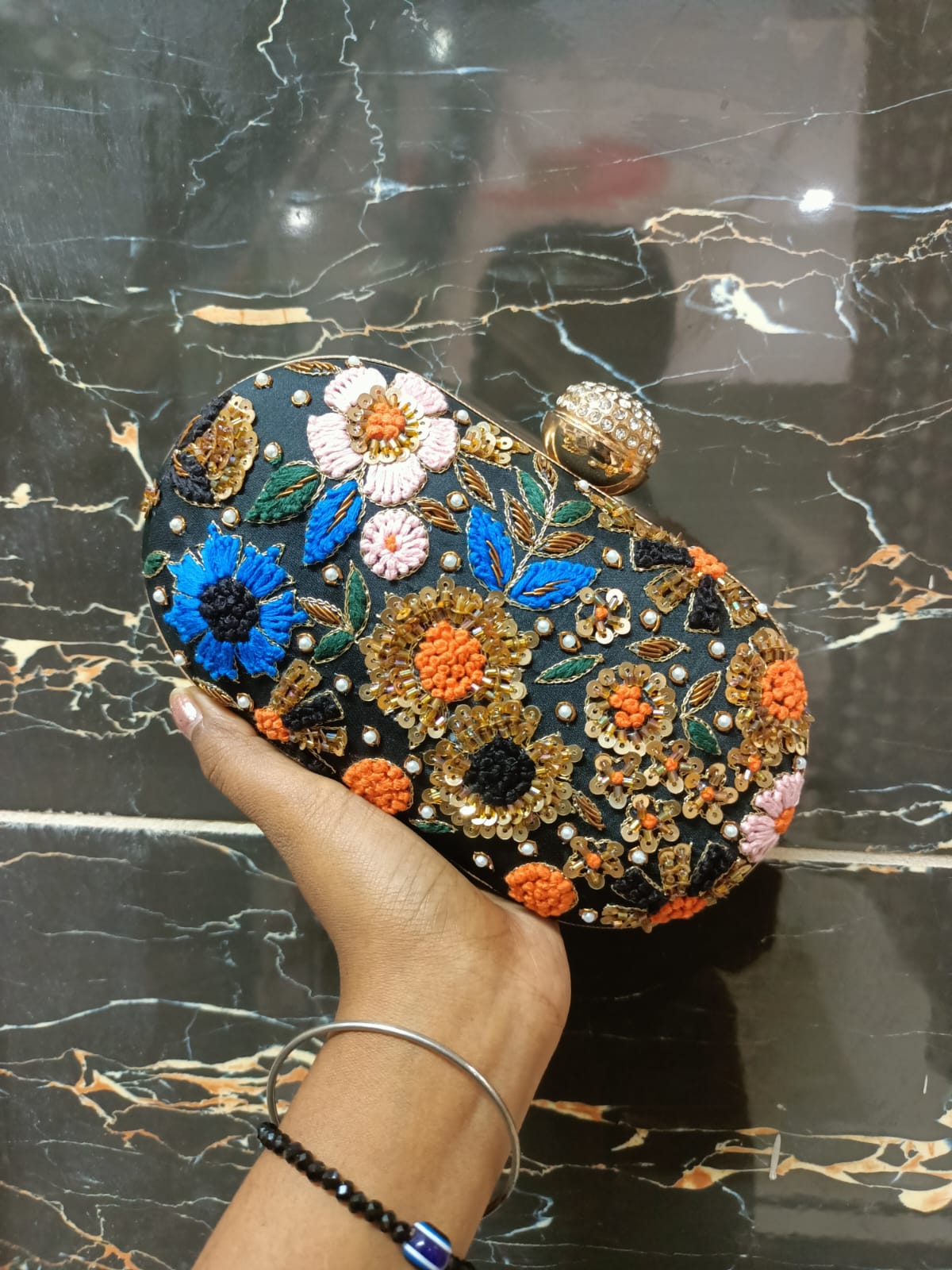 Black Embroidered Floral Clutch with Beads & Sequins – Party Wear Box Clutch for Women