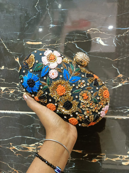 Black Embroidered Floral Clutch with Beads & Sequins – Party Wear Box Clutch for Women