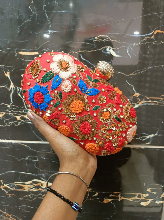 Red Embroidered Floral Box Clutch – Handcrafted Multicolor Party Clutch for Women