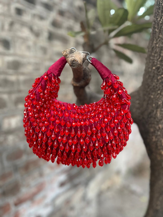Luxury Red Crystal Beaded Handbag – Designer Statement Clutch for Parties & Weddings