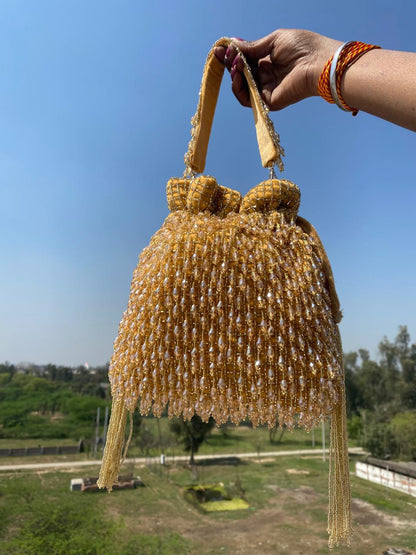 Golden Beaded Potli Bag with Crystal Drops – Indian Wedding & Party Purse