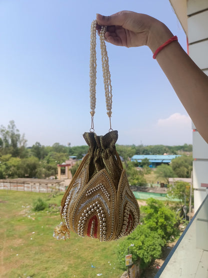 Traditional Olive-Gold Potli Bag with Pearl Handle & Beaded Embroidery – Bridal & Ethnic Purse