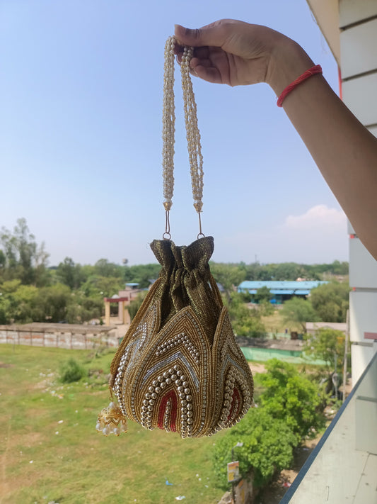 Traditional Olive-Gold Potli Bag with Pearl Handle & Beaded Embroidery – Bridal & Ethnic Purse