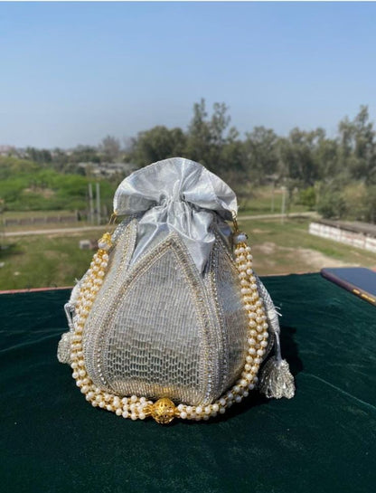 Elegant Silver Potli Bag – Bridal Handbag with Pearl Handle & Crystal Embellishments