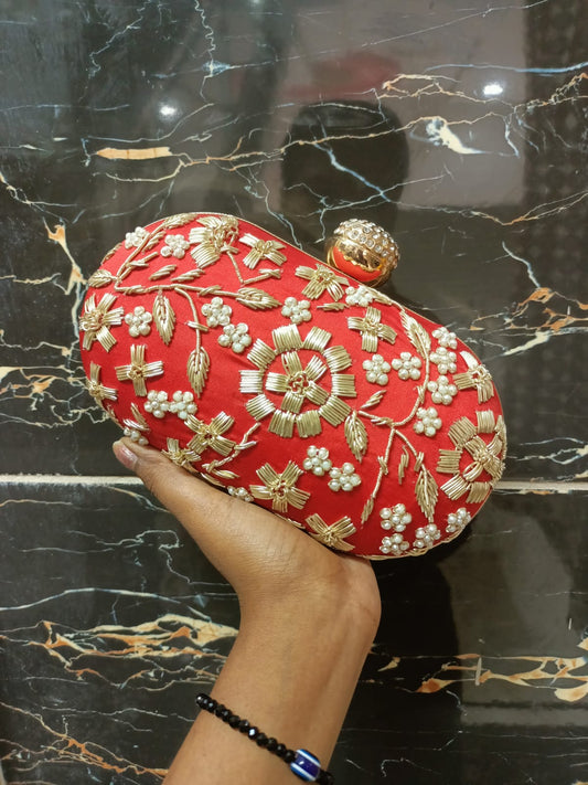 Red Embroidered Clutch with Gold & Pearl Detailing – Wedding Party Box Clutch for Women