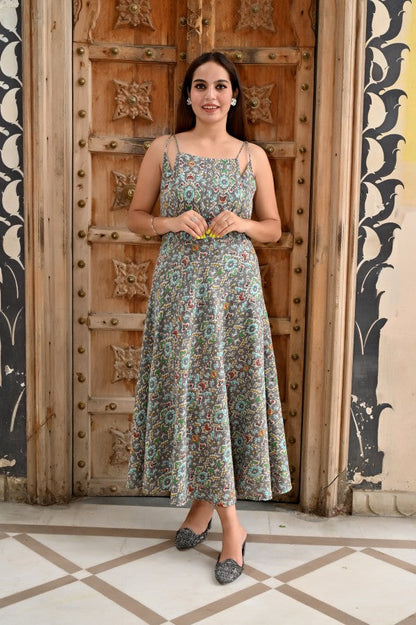 INDOSCART Women’s Cotton Maxi Dress | Sleeveless Printed Dress with Spaghetti Straps