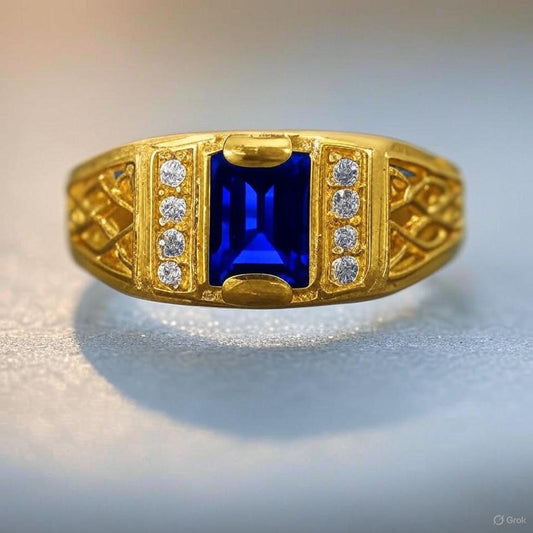 Men’s Gold-Plated Ring with Blue Sapphire & CZ Diamonds – Royal Statement Jewelry