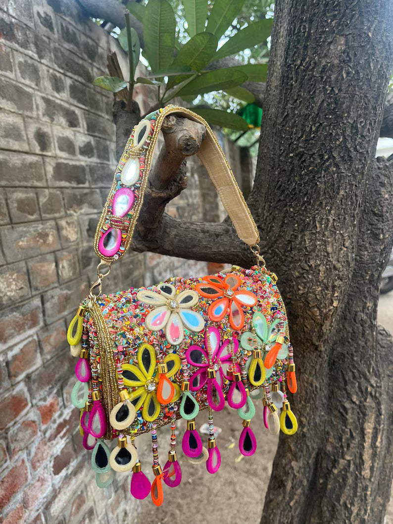 Multicolor Beaded Handbag with Mirror Work | Handmade Floral Party & Wedding Clutch