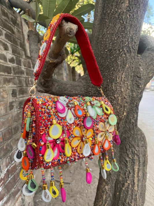 Multicolor Beaded Handbag with Mirror Work | Handmade Floral Party & Wedding Clutch