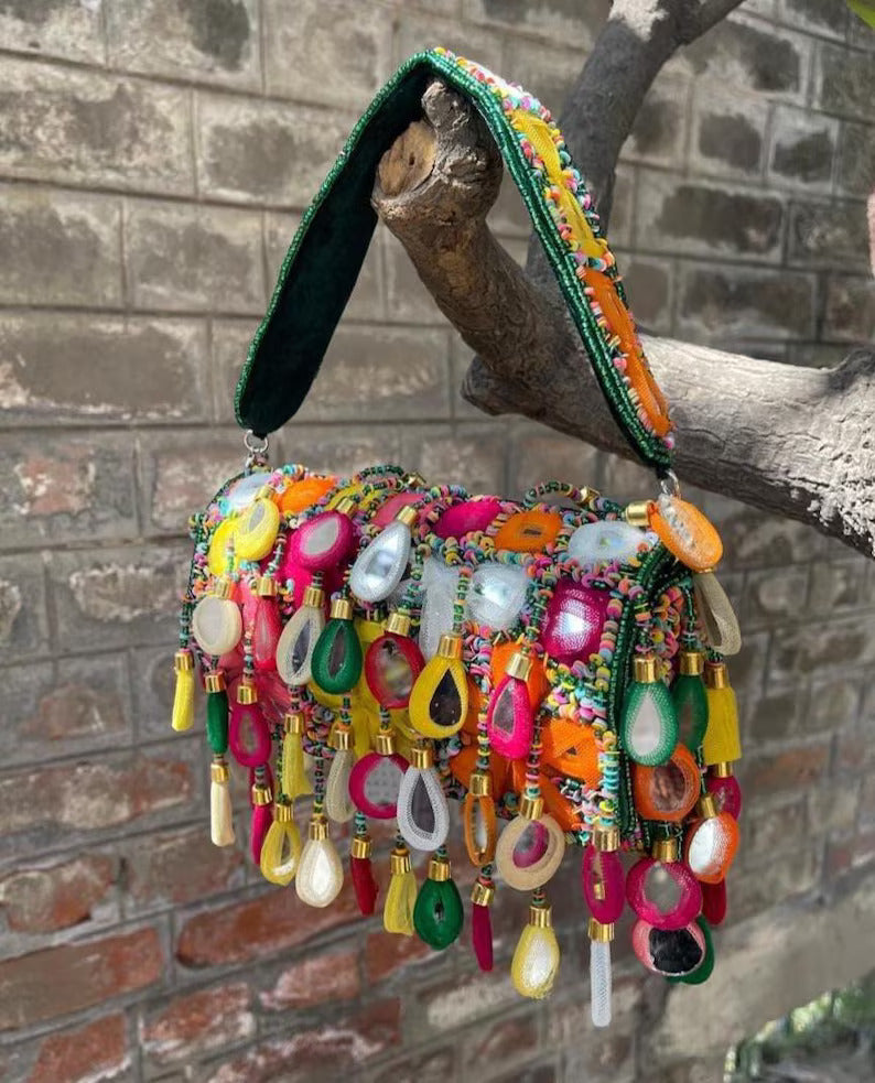 Multicolor Beaded Handbag with Mirror Work | Handmade Floral Party & Wedding Clutch
