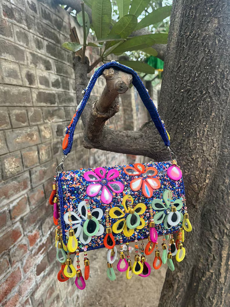 Multicolor Beaded Handbag with Mirror Work | Handmade Floral Party & Wedding Clutch